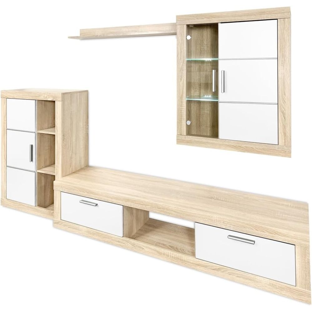 Mueble de salón y TV Moderno con Leds Color Cambria, cambria y blanco módulo de comedor