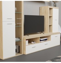 Mueble de Salón Moderno con Leds, Acabado en Cambria - Blanco, Medidas: 260 cm (Ancho) x 191 cm (Alto) 47,5 cm (Fondo)