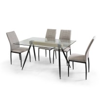 Mesa de Comedor de Cristal Templado - Patas Metálicas Negras y Travesaño de Madera | Diseño Moderno | 140x90 x 75 cm