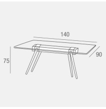 Mesa de Comedor de Cristal Templado - Patas Metálicas Negras y Travesaño de Madera | Diseño Moderno | 140x90 x 75 cm
