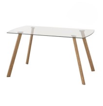 Mesa de Comedor Nórdica | Diseño con Tapa de Cristal Transparente y Patas de Metal Color Roble | Dimensiones: 140 x 80 x 76 cm