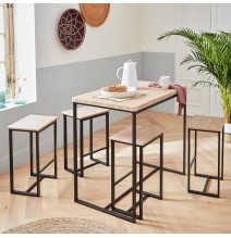 Conjunto de Mesa y 4 Taburetes con Estructura Metálica, Tapa y Asientos en MDF Roble - Mesa 100x60x86 cm, Taburete 43x30x60 cm