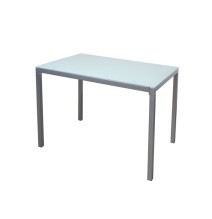 Mesa Fija para Cocina con Estructura de Acero Pintado Color Aluminio y Tapa de Cristal Templado Blanco - Medidas 110x70x75 cm