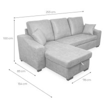 Sofá Cama 3 Plazas Reversible con Chaiselongue y Almacenaje, Tapizado en Tela Cemento, 229x93x153 cm