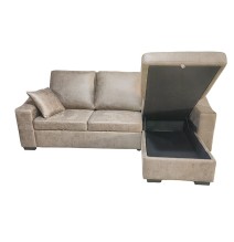 Sofá Cama 3 Plazas Reversible con Chaiselongue y Almacenaje, Tapizado en Tela Cemento, 229x93x153 cm