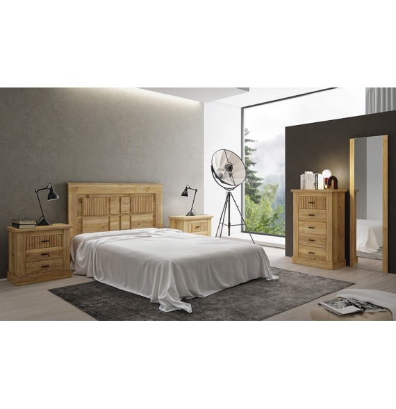 Pack de Muebles de Dormitorio Habitación con Cabecero, 2 Mesitas de Noche 3 Cajones y Sinfonier en Color Mauvella Rayas