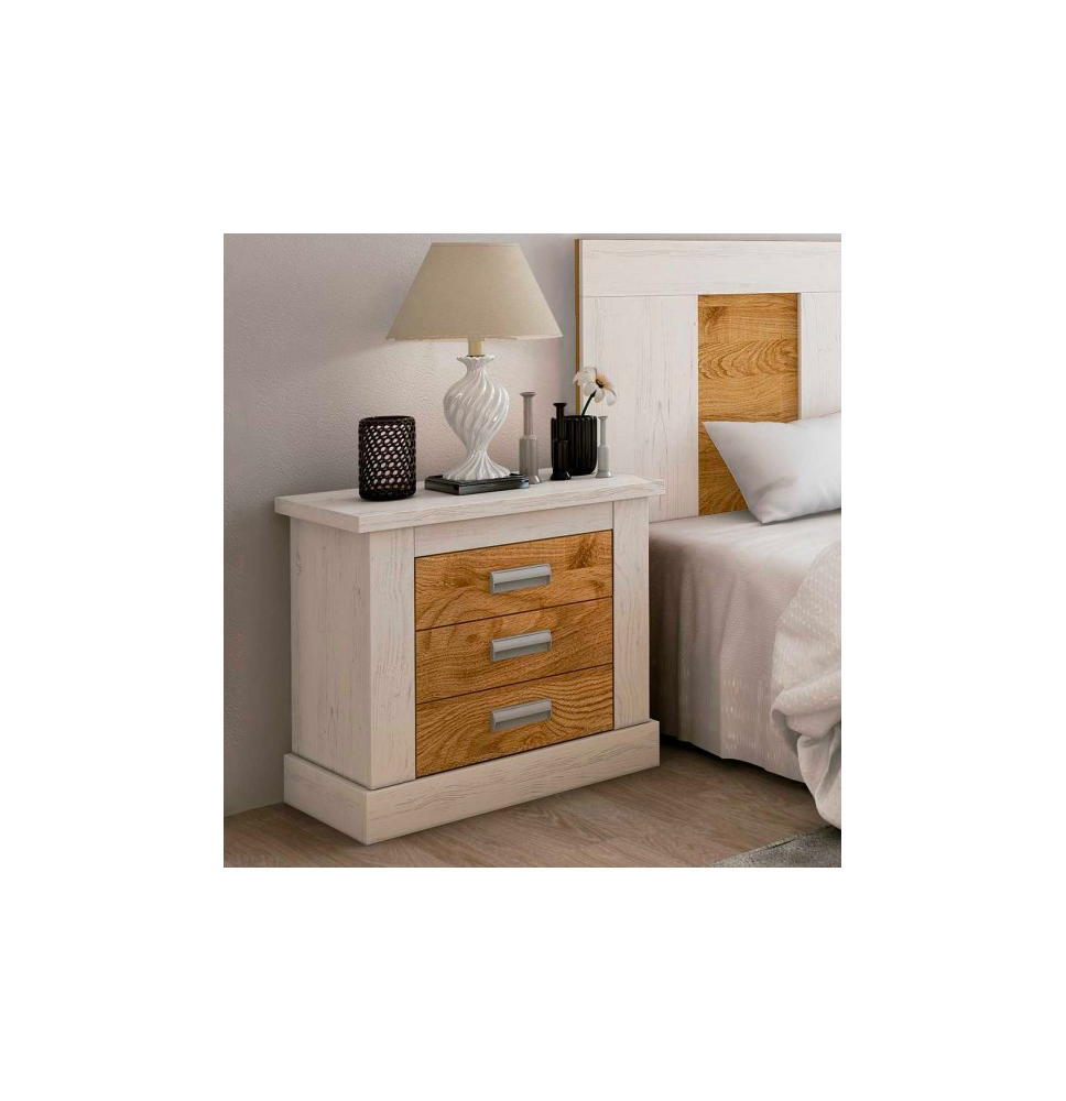 Mesita de Noche 3 Cajones, Mesilla de Dormitorio, Color Andersen Pino-Roble , Medidas: 66 cm (anc) x 39,6 cm (Fo) x 63,8 cm (Al)