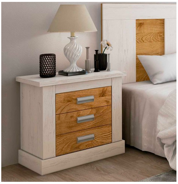 Mesita de Noche 3 Cajones, Mesilla de Dormitorio, Color Andersen Pino-Roble , Medidas: 66 cm (anc) x 39,6 cm (Fo) x 63,8 cm (Al)